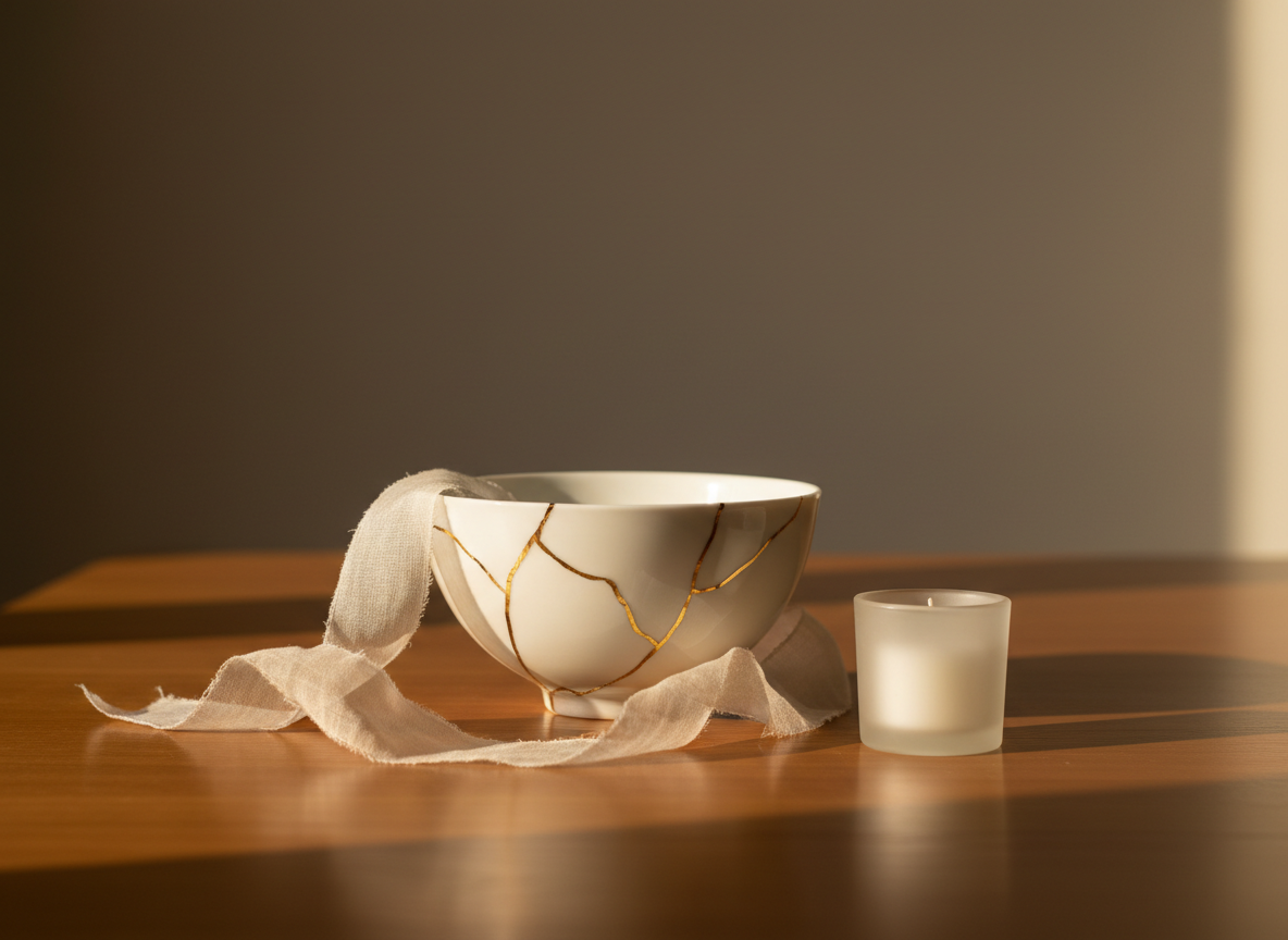 A symbolic, photographic realism still life illustrating healing from scars: a strip of pale, textured silk ribbon gently winding around a cracked but carefully mended white porcelain bowl, whose fractures are filled with fine gold lines reminiscent of kintsugi repair. The objects rest on a smooth, warm-toned wooden surface beside a small, frosted glass candle holder with an unlit white candle. Soft, late-afternoon natural light enters from the right, creating long, gentle shadows and a tranquil, contemplative mood. Captured at eye level with shallow depth of field, the background softly blurs into a neutral beige wall. The overall composition feels minimal, refined, and emotionally resonant, subtly representing the transformation of trauma and scar tissue into strength and beauty for a professional therapeutic site.