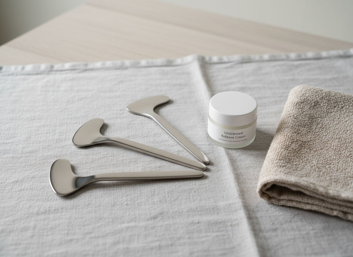 A detailed, photographic realism close-up of a neatly arranged set of professional scar tissue release tools on a pale gray linen cloth. The tools include polished stainless-steel instruments with smooth, curved edges, a small glass jar of unscented cream with a matte white lid, and a folded beige cotton towel. Subtle overhead studio lighting creates soft reflections along the metal surfaces while avoiding harsh glare, and casts delicate, controlled shadows beneath each object. The background fades into a gentle blur of a light wood surface and a neutral off-white wall. Shot from a slightly angled top-down perspective, the composition is clean and modern, conveying precision, expertise, and a calm, clinical yet soothing environment suitable for a therapeutic bodywork practice.