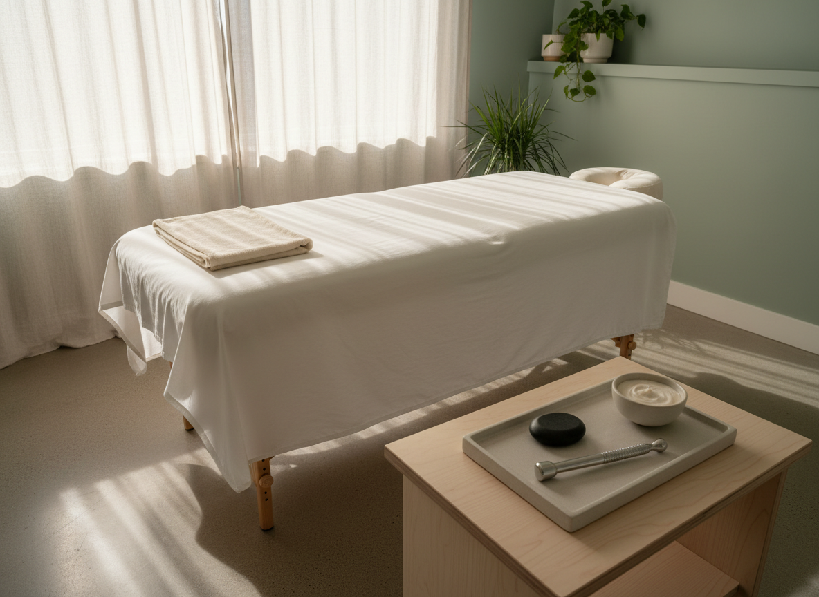 A meticulously arranged massage treatment room in photographic realism, featuring a centrally placed, cream-colored massage table draped with a perfectly smooth, white sheet and a small folded blanket at the foot. On a nearby birch wood side table rests a ceramic tray holding a pair of smooth basalt stones, a stainless-steel scar release tool, and a small bowl of neutral massage cream. Soft, warm light filters through semi-sheer linen curtains, casting gentle shadows and a peaceful glow. The camera captures the scene from a slightly elevated angle, using the rule of thirds to emphasize negative space and cleanliness. The atmosphere feels professional, hygienic, and inviting, ideal for communicating therapeutic bodywork and scar tissue treatment without any human presence.