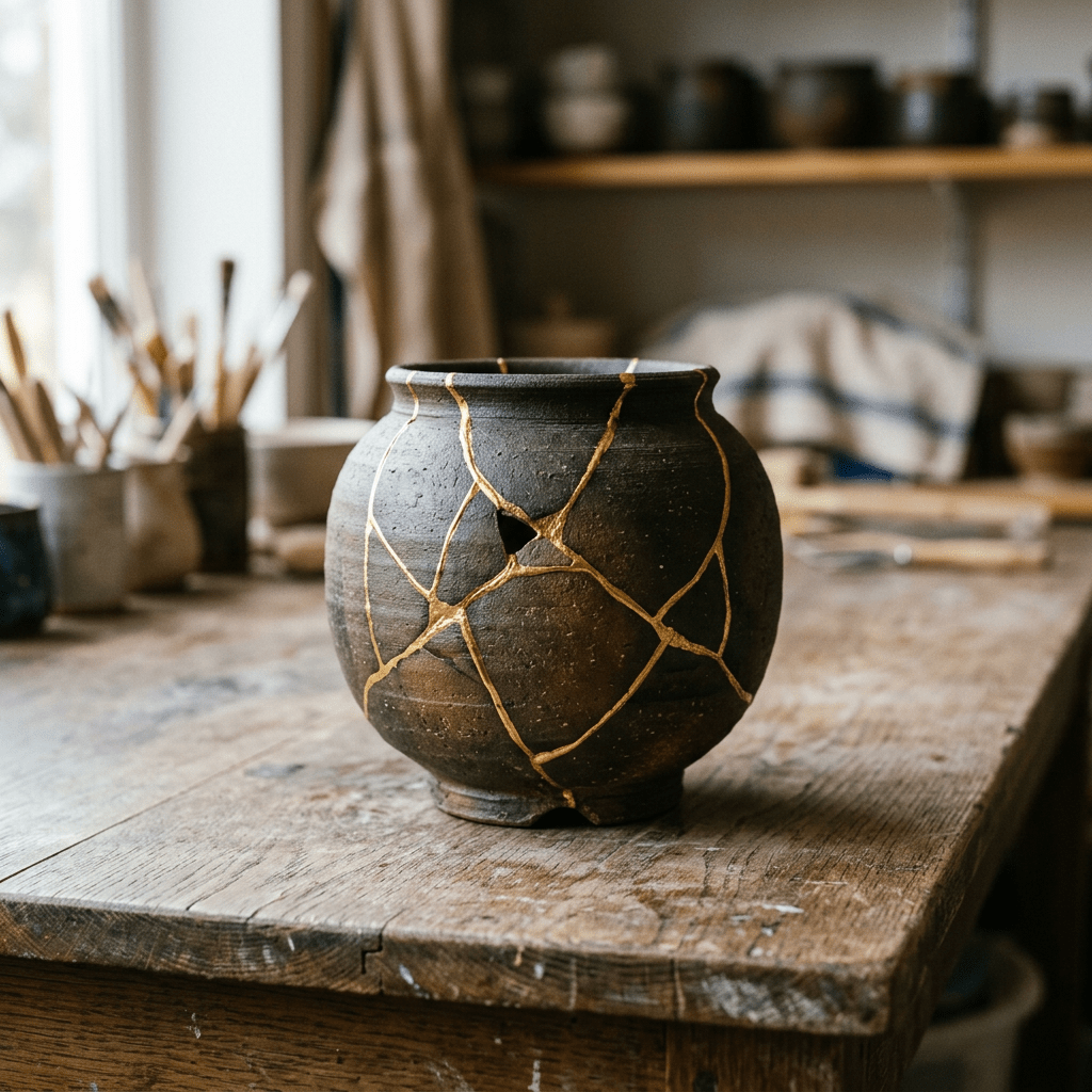 Dark ceramic jar with visible gold lacquer repairs on a wooden table